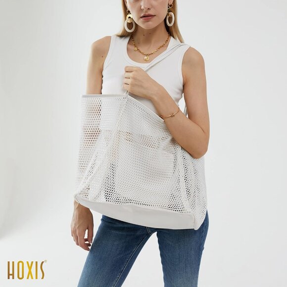 Women's White Mesh Beach Nylon & Polyester No-closure Tote Shoulder Handbag - Picture 6 of 7